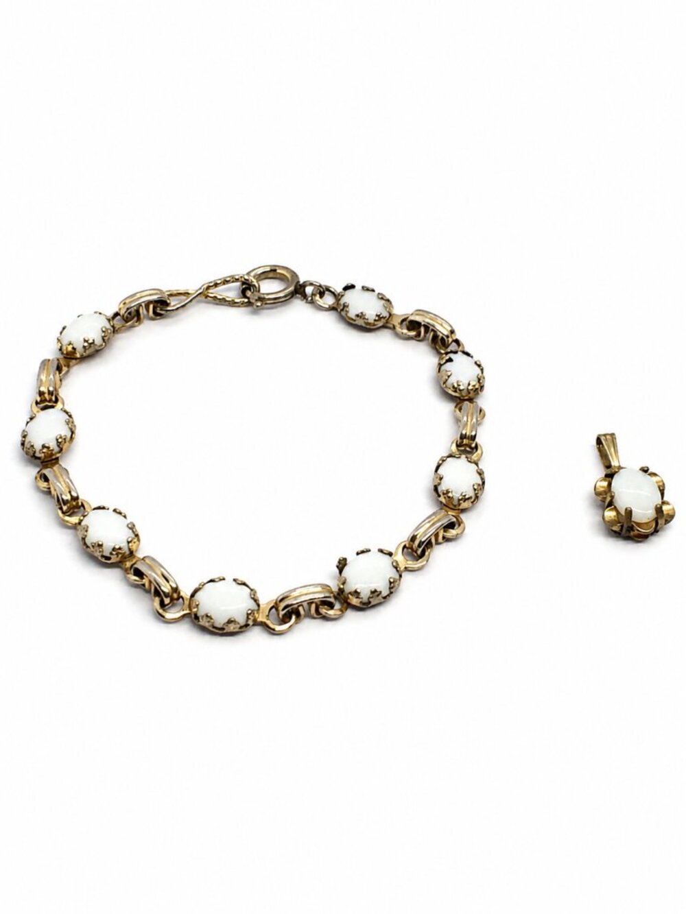 VINTAGE 12K GF BRACELET White Opal Glass Cabochon Pendant Set
